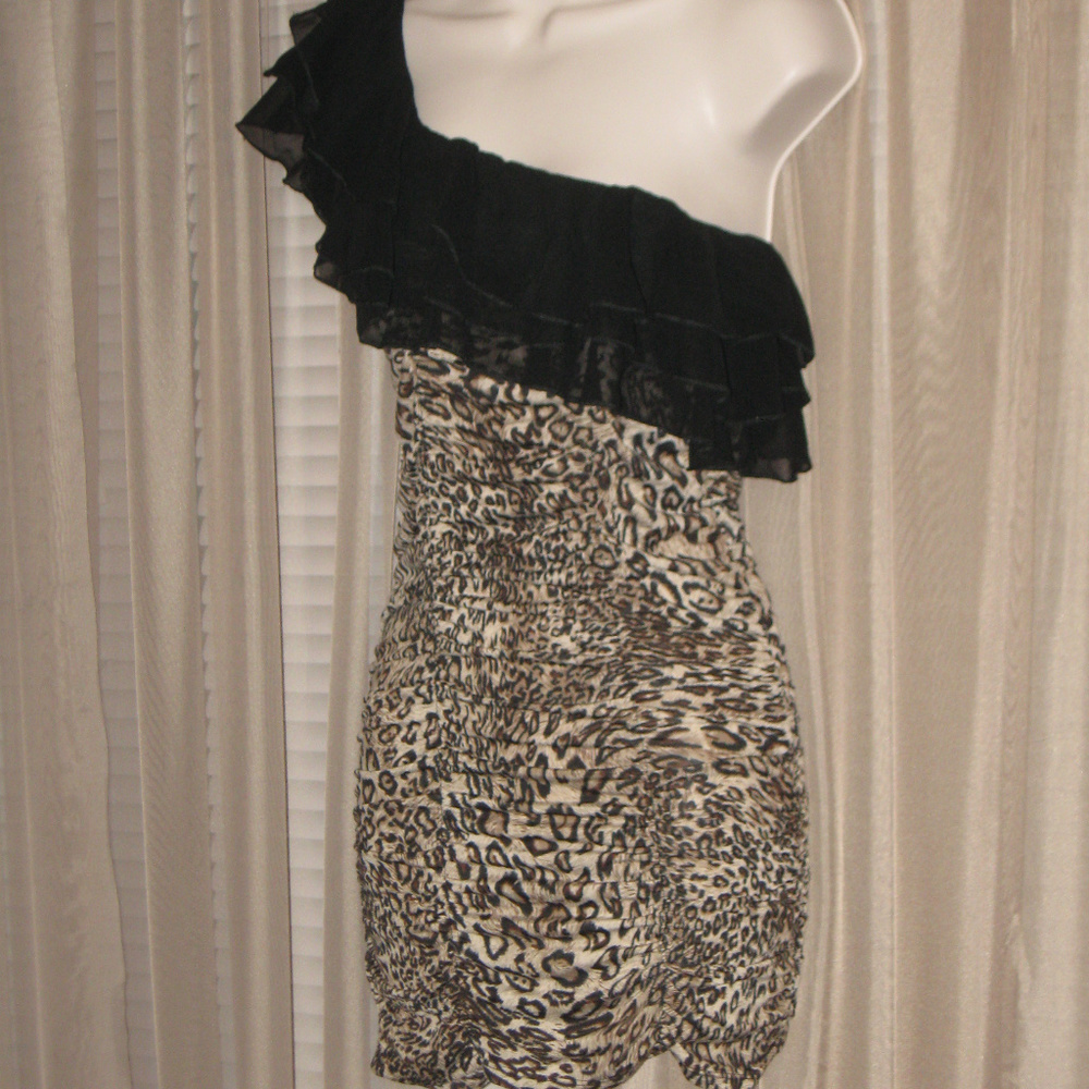 SAPA Leopard One Shoulder Ruffle Mini Dress